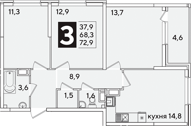 3-комн., 68.3 м², 13/16 этаж, ЖК «Самолет»
