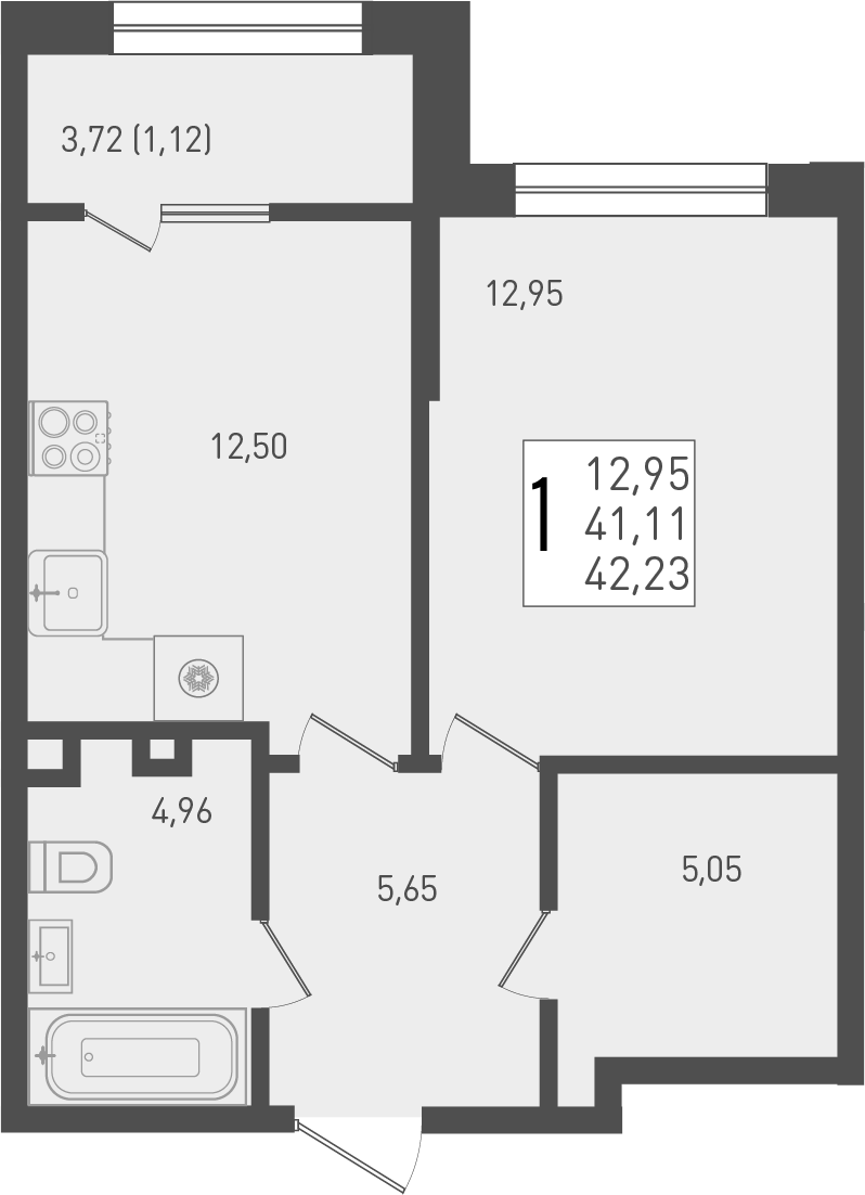 Продается 1-комн. квартира, 41.11 м²