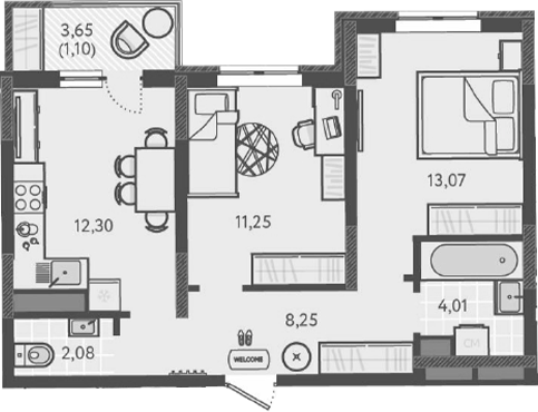 2-комн., 50.96 м², 6/9 этаж, ЖК «Теплые края»