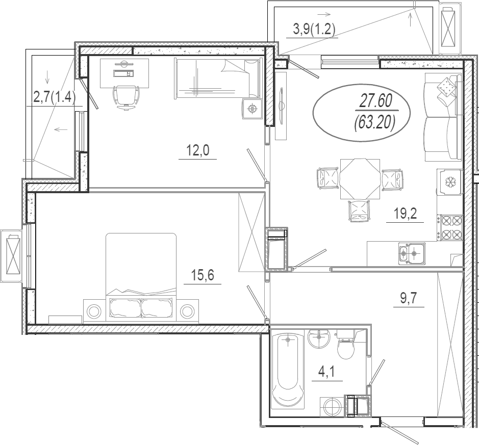 3-комн., 60.6 м², 14/15 этаж, ЖК «Микрорайон Южане»