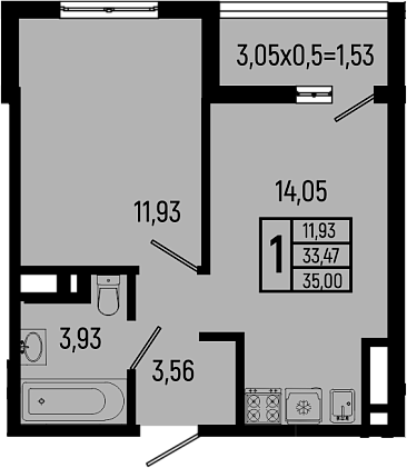1-комн., 33.47 м², 17/18 этаж, ЖК «Ботаника Хиллс»