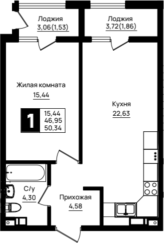 Продается 1-комн. квартира, 46.95 м²