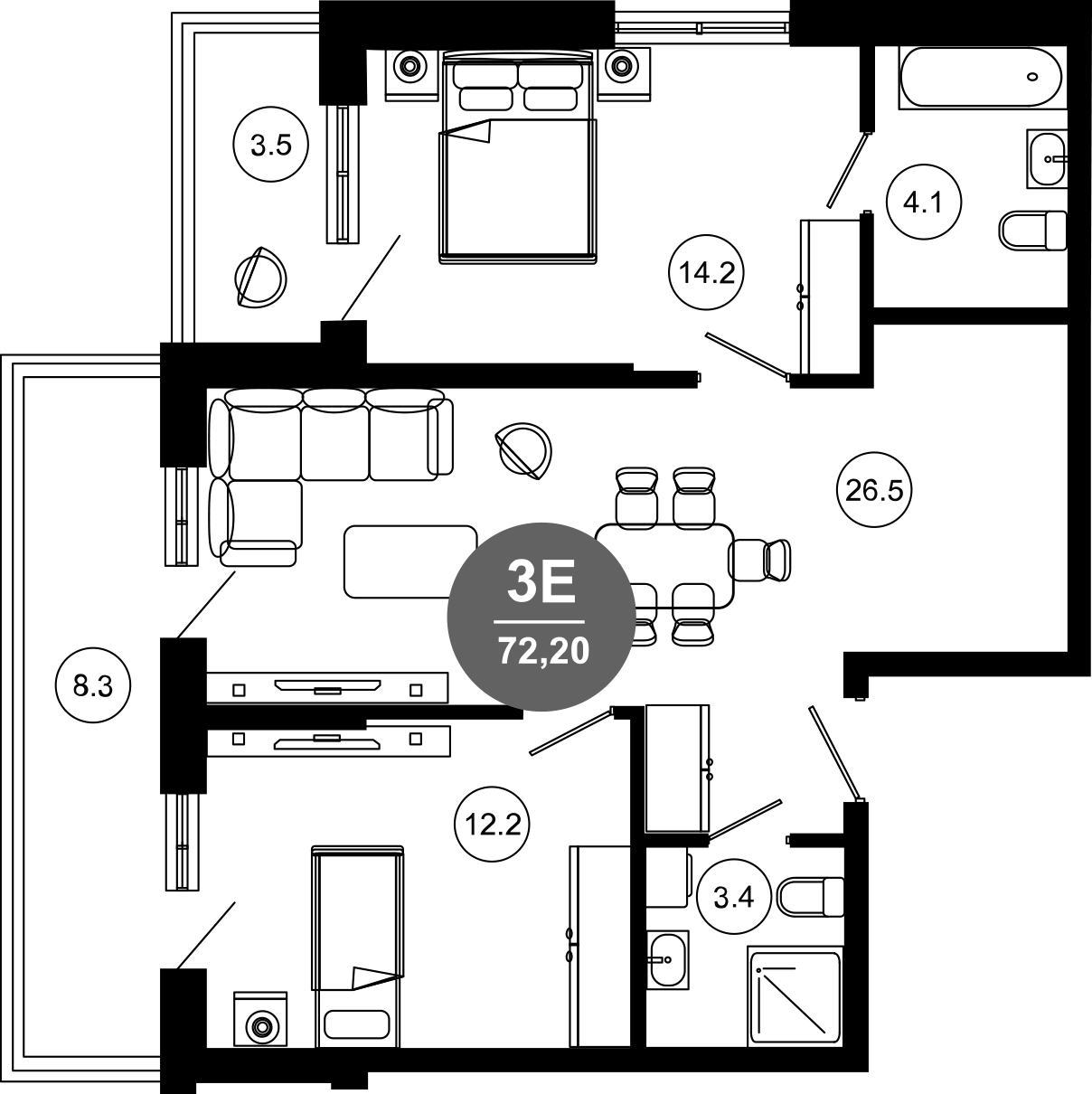 3-комн., 60.4 м², 7/10 этаж, ЖК «Гостиничный комплекс GREENMONT»