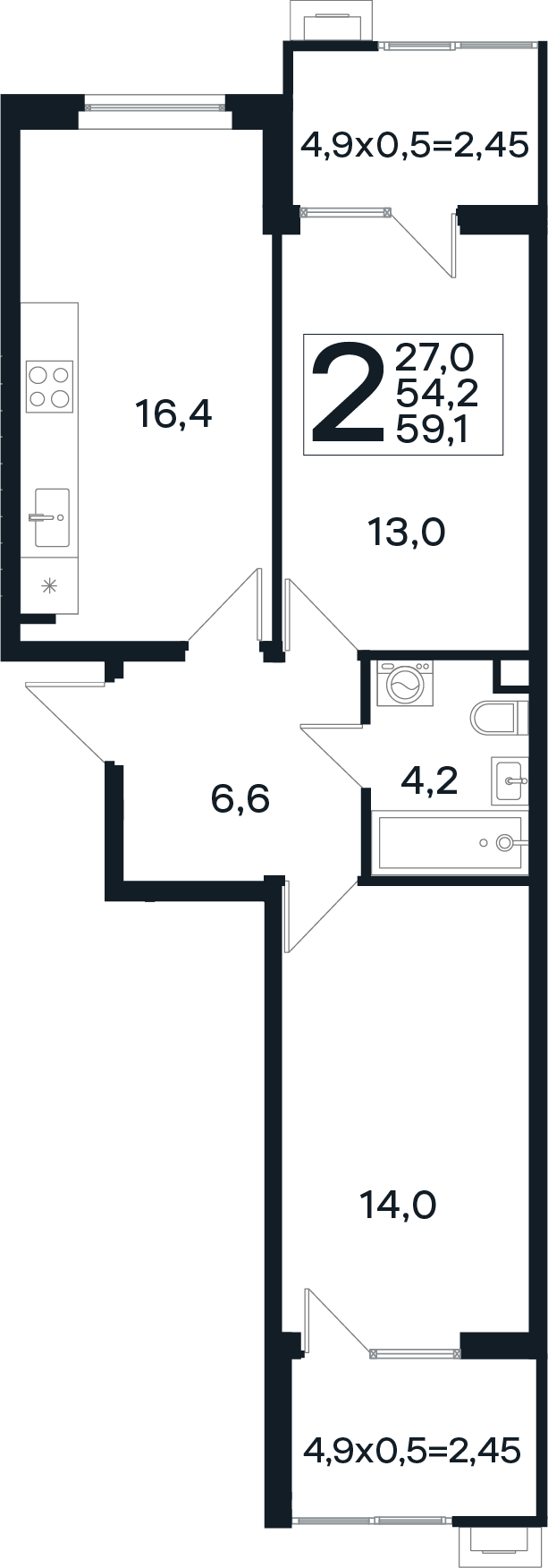 2-комн., 54.2 м², 1/4 этаж, ЖК «Новая Елизаветка»