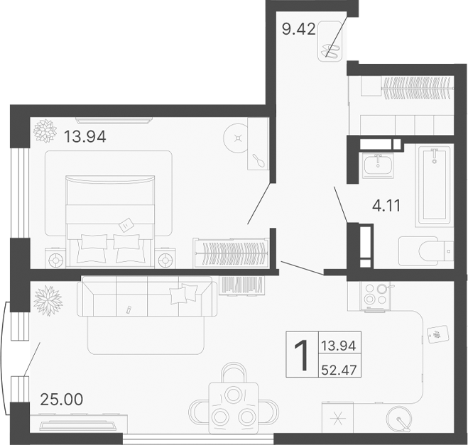 1-комн., 52.47 м², 10/17 этаж, ЖК «Светский лес»
