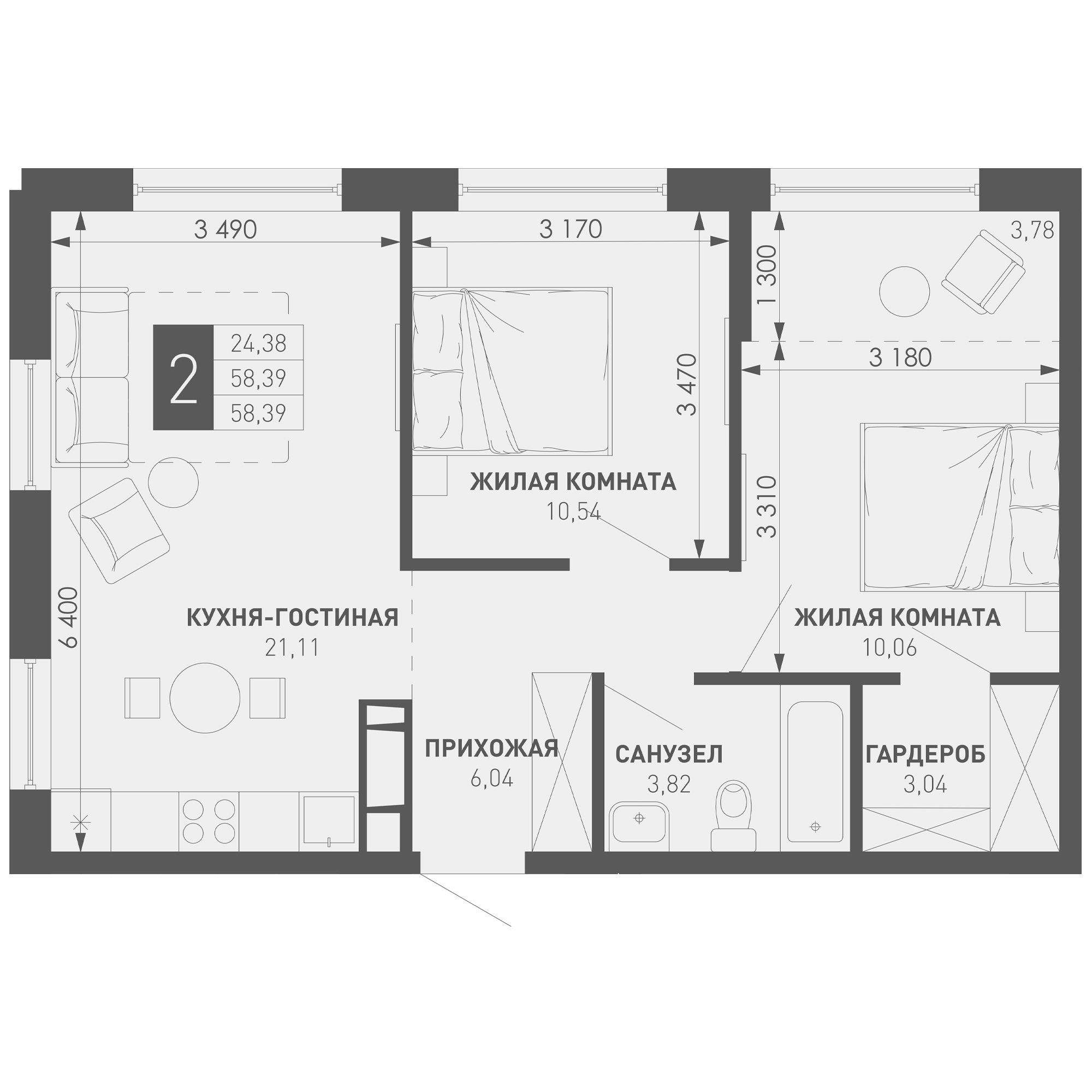 2-комн., 61.6 м², 9/18 этаж, ЖК «Иначе в Молодежном»