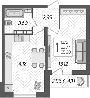 1-комн., 33.77 м², 10/16 этаж, ЖК «Смородина»