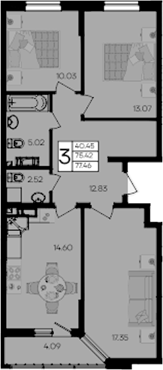 3-комн., 75.42 м², 4/9 этаж, ЖК «Дом 101»