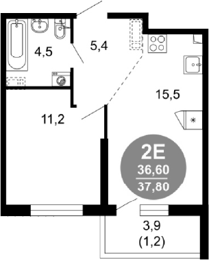 2-комн., 36.6 м², 1/17 этаж, ЖК «Лестория»