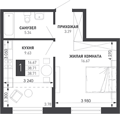 1-комн., 36.32 м², 7/9 этаж, ЖК «Иначе в Молодежном»
