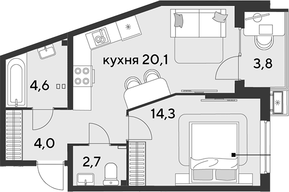 2-комн., 45.7 м², 2/18 этаж, ЖК «Парк Победы»
