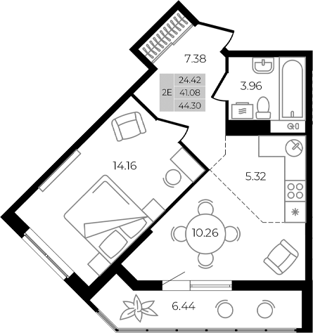 2-комн., 41.08 м², 6/8 этаж, ЖК «Курортный регион»