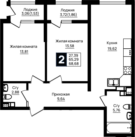 2-комн., 65.29 м², 7/9 этаж, ЖК «Резиденция морей»
