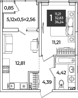 1-комн., 32.83 м², 2/18 этаж, ЖК «Образцово»