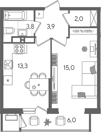 1-комн., 38 м², 22/24 этаж, ЖК «Рекорд»