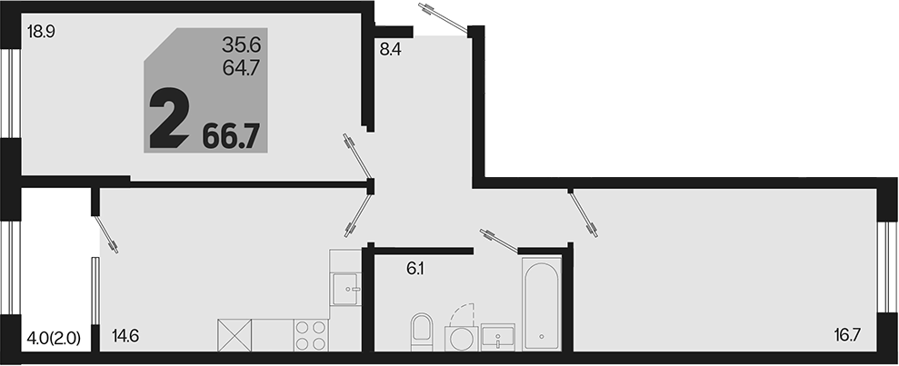 2-комн., 64.7 м², 2/18 этаж, ЖК «Первое место»