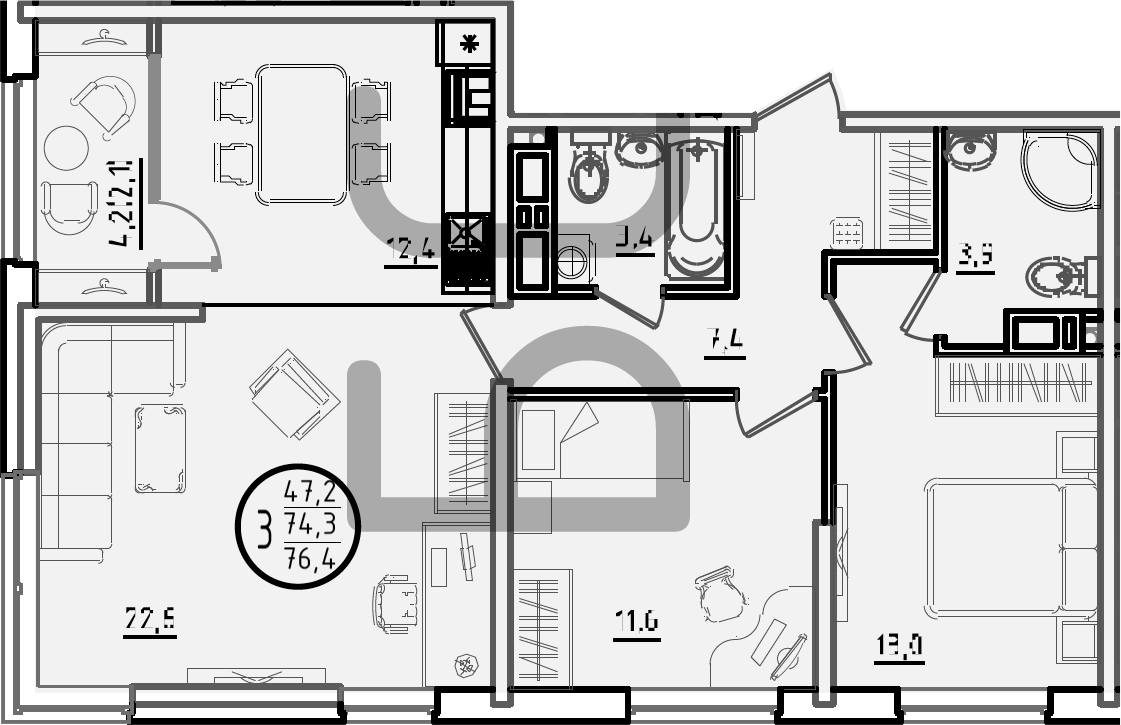 3-комн., 74.3 м², 5/18 этаж, ЖК «Первое место»