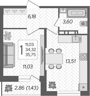 1-комн., 34.32 м², 1/12 этаж, ЖК «Смородина»