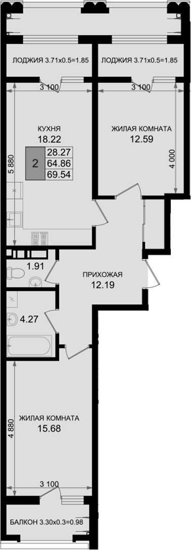 2-комн., 64.86 м², 2/8 этаж, ЖК «Резиденция морей»