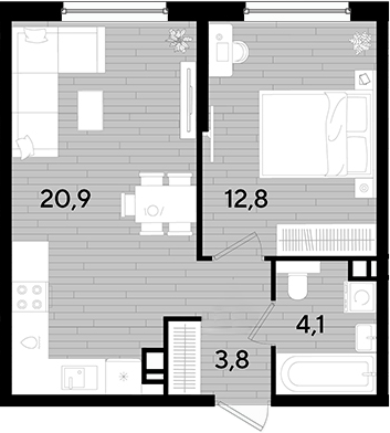 1-комн., 41.6 м², 9/16 этаж, ЖК «DОГМА ПАРК»