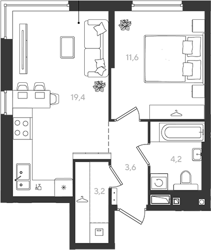 1-комн., 42 м², 16/18 этаж, ЖК «Самолет»