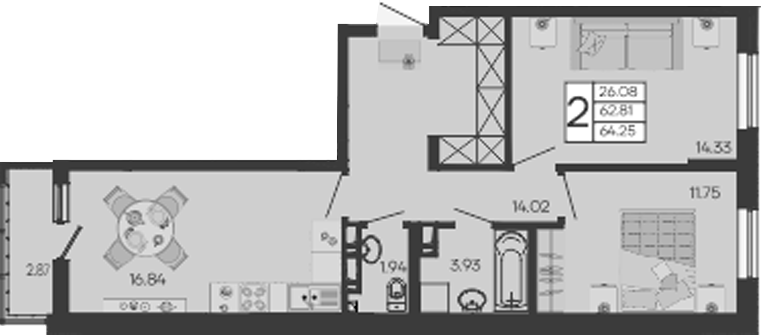 2-комн., 62.81 м², 3/9 этаж, ЖК «Дом 101»