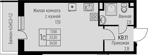 Студия, 23.3 м², 2/3 этаж, ЖК «Nova Vita»