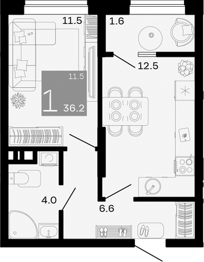 1-комн., 34.2 м², 8/8 этаж, ЖК «Хозяин Морей»