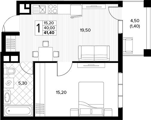 1-комн., 40 м², 3/6 этаж, ЖК «Кипарис»