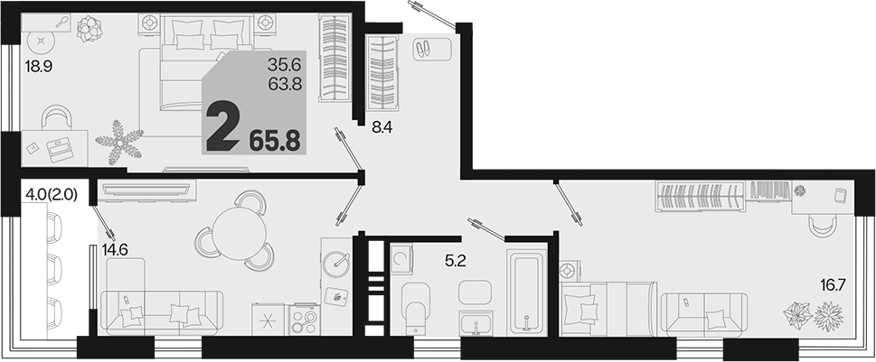 2-комн., 63.8 м², 12/18 этаж, ЖК «Первое место»