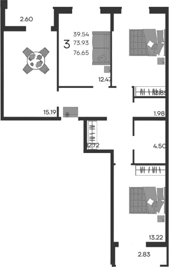 3-комн., 73.93 м², 2/9 этаж, ЖК «Дом 101»