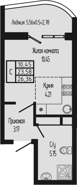 Студия, 22.32 м², 12/12 этаж, ЖК «Sun Hills Ольгинка»