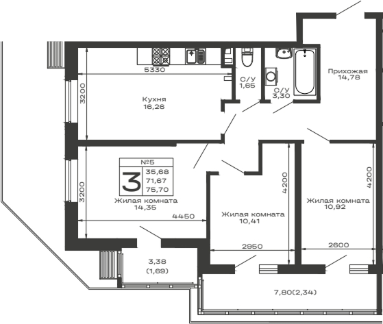 3-комн., 71.67 м², 2/16 этаж, ЖК «Долина»