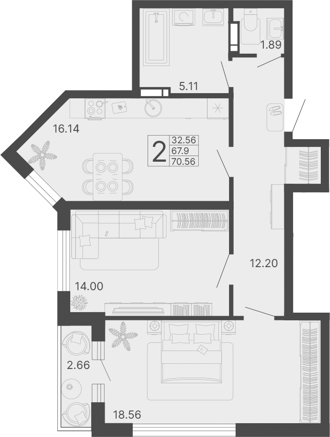 2-комн., 67.9 м², 13/20 этаж, ЖК «Светский лес»