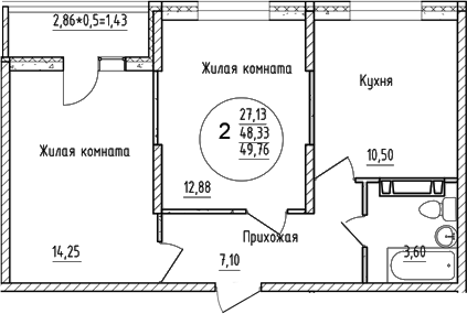 2-комн., 48.33 м², 13/16 этаж, ЖК «Друг»