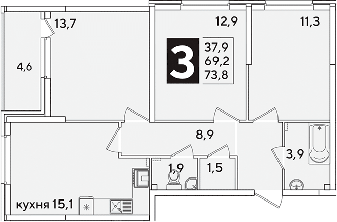 Продается 4-комн. квартира, 69.2 м²