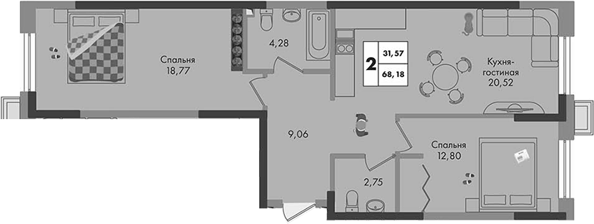 Продается 2-комн. квартира, 68.18 м²