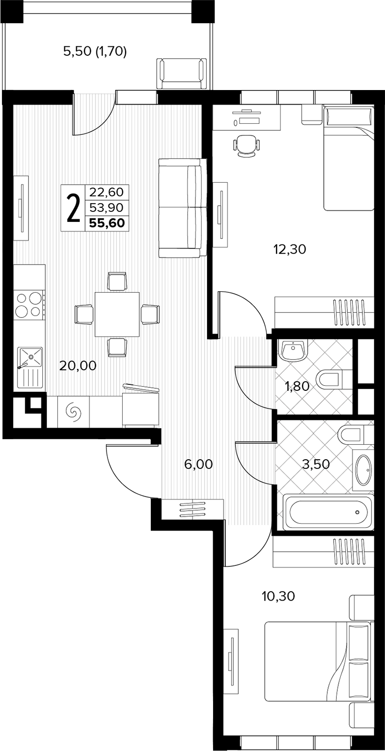 2-комн., 53.9 м², 6/8 этаж, ЖК «Кипарис»
