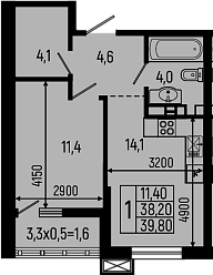 1-комн., 38.2 м², 3/9 этаж, ЖК «Звезды»