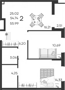 Продается 2-комн. квартира, 54.74 м²