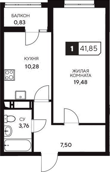 Продается 1-комн. квартира, 41.02 м²