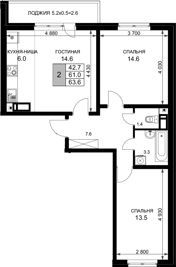 3-комн., 61 м², 16/16 этаж, ЖК «Ракурс»