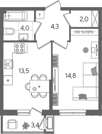 1-комн., 38.6 м², 2/24 этаж, ЖК «Рекорд»