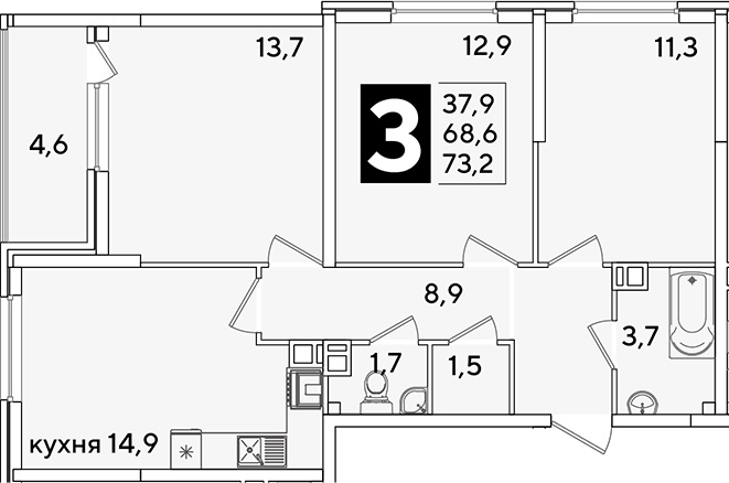 3-комн., 68.6 м², 5/16 этаж, ЖК «Самолет»
