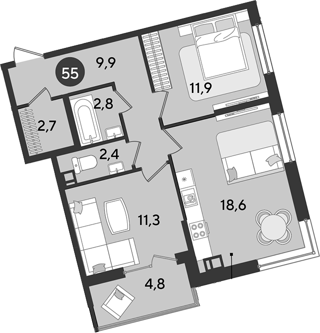 3-комн., 59.6 м², 6/16 этаж, ЖК «Парк Победы»