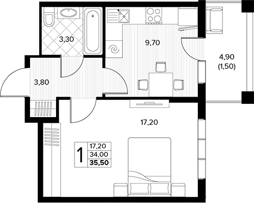 1-комн., 34 м², 6/7 этаж, ЖК «Кипарис»