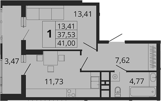 1-комн., 38.59 м², 17/18 этаж, ЖК «Родные Просторы»