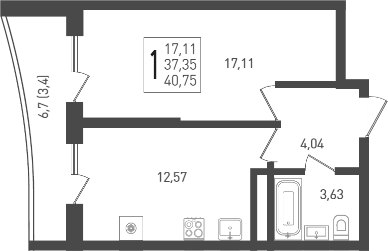 1-комн., 39.8 м², 22/24 этаж, ЖК «ЖК «Кубанская Крепость»»