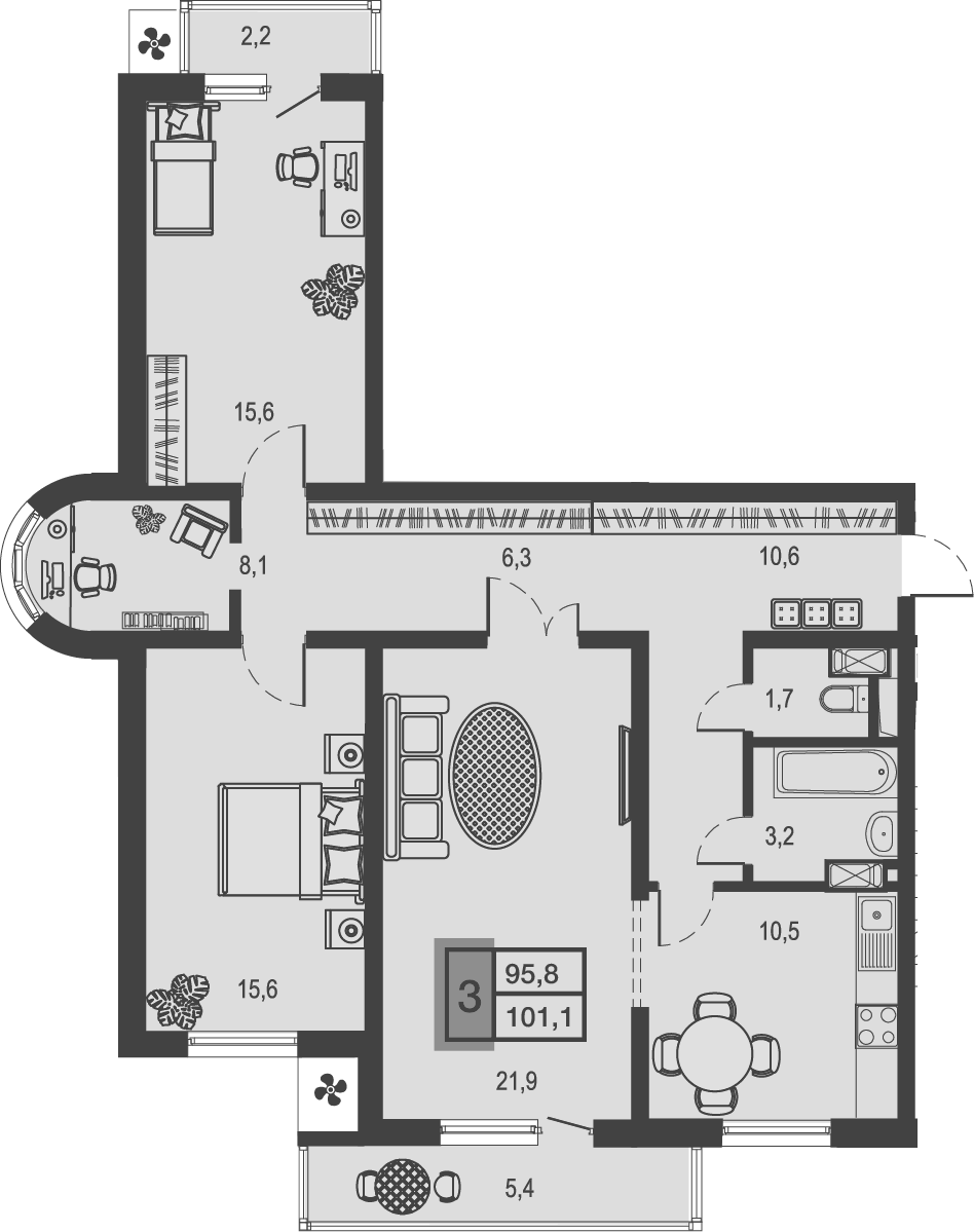 3-комн., 93.52 м², 3/17 этаж, ЖК «Дом у озера»