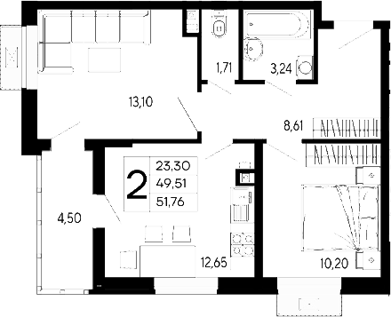 2-комн., 49.51 м², 2/16 этаж, ЖК «Эпос»
